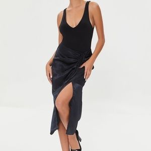 Raunched slit black satin skirt